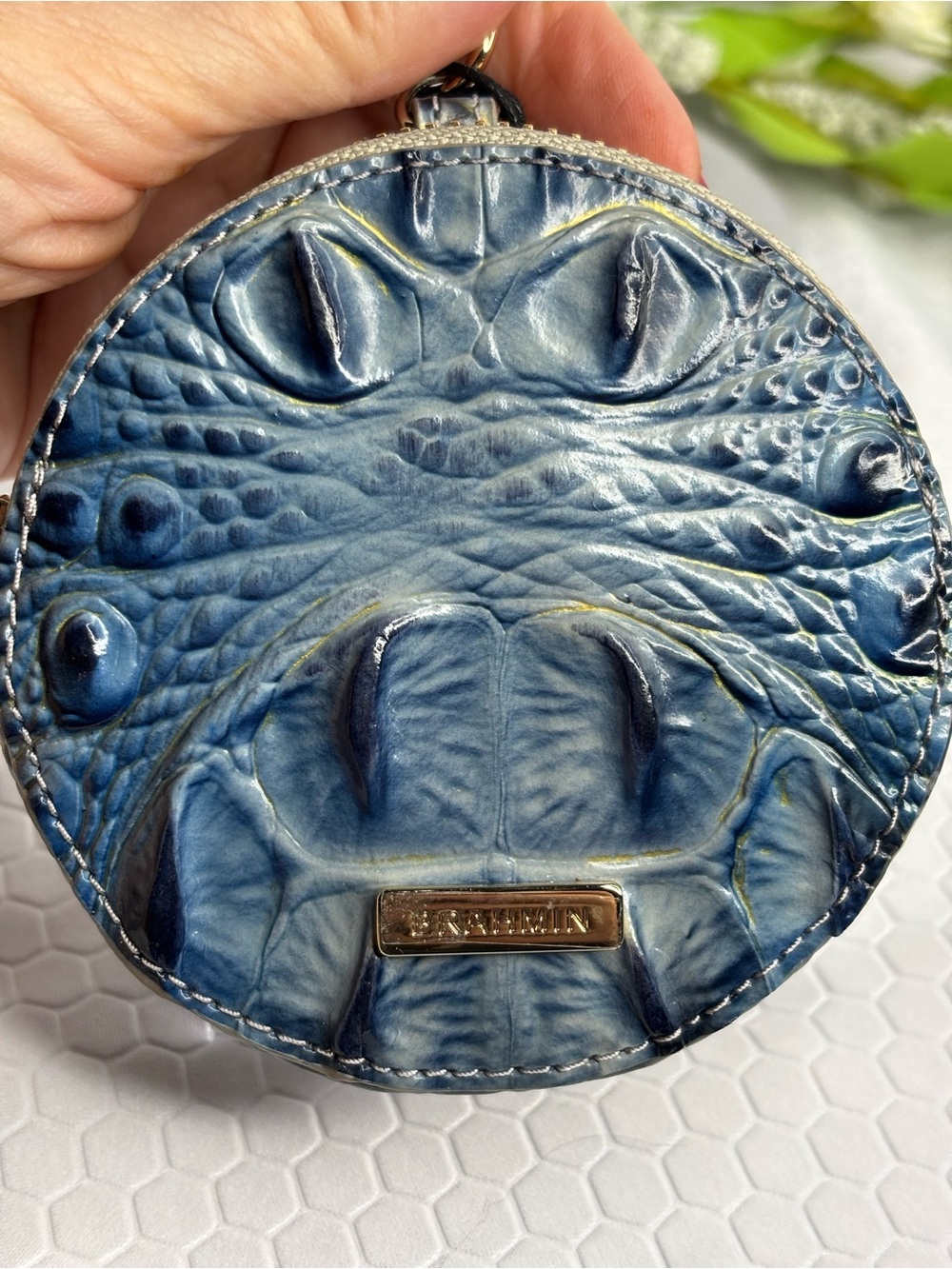 Brahmin Blue Round Croc-Embossed Coin Case Keychain - Picture 2 of 5